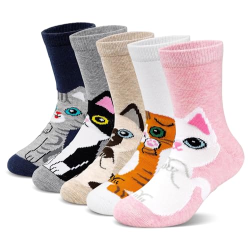 ZFSOCK Kindersocken Socken Kinder 31-34: Mädchen Bunte Sneaker Socken aus Baumwolle Lustige Motiv Karikatur Tier Cats Weihnachten Geschenkideen 5 Paare