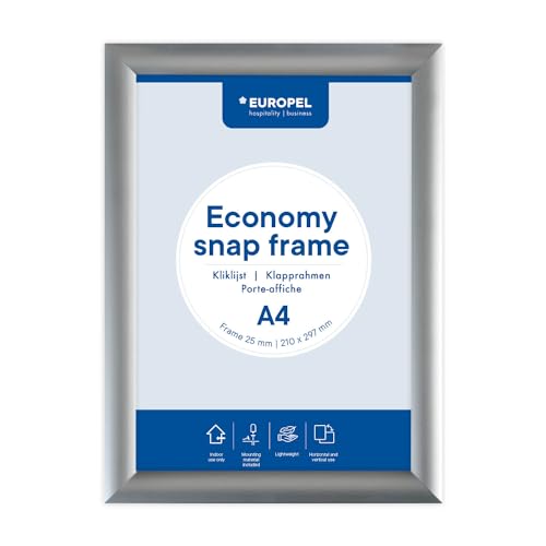 Europel Economy Klapprahmen, A4,Farbe Silber, Aluminium Profil 25x11 mm, Maße 241x328 mm, für Poster 21x29,7 cm, Posterhalter, Hotel, Büro, Restaurant, Speisekarten, Werbung, Botschaft