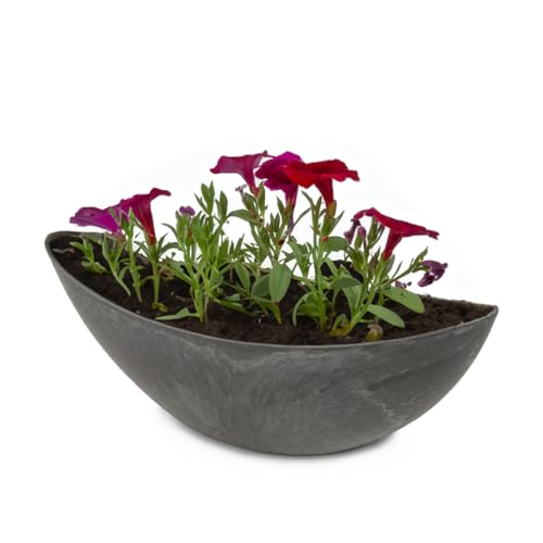 Ovale Pflanzschale für draußen - große Schiff Deko-Schale in schwarzer Stein-Optik als Blumen-Topf Pflanztopf - 39 cm Jardiniere für Garten Balkon oder Friedhof als Grab-Schmuck