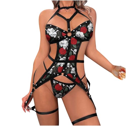 Dessous Damen Sexy Unterwäsche Lingerie Reizwäsche 2-teiliges, Nicht positionierbares, bedrucktes Set erotischer Dessous für Damen Dessous String Mit Kette (Black, XL)