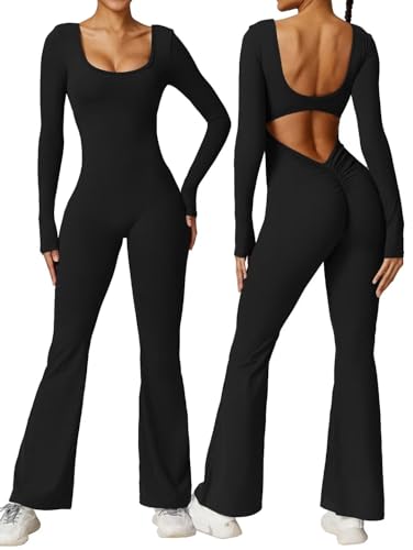 Vertvie Damen Langarm Flared Jumpsuit V Back Scrunch Butt Bodysuit Sexy Backless Eng Yoga Sport Bodycon Romper Ganzkörperanzug(Schwarz,S)