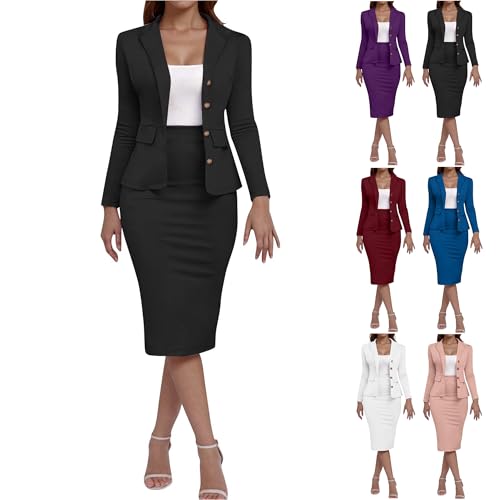 KOG Blazer Damen Elegant 2-Teiliges Outfit Rock Anzug Set Casual Outfits Business Kostüm Frauen Festlich Bleistiftrock Anzug Set Jacke Jumpsuit Hosenanzug Angebote Schwarz L