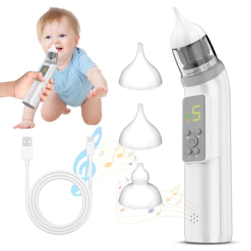Nasensauger Baby, Nasensauger Baby Elektrisch 5 Saugstufen & 3 Silikonspitzen,IPX6 Wasserdicht,Wiederaufladbar,Mit Musikfunktion, LCD-Display, Nasensauger Geeignet für Babys und Kinder