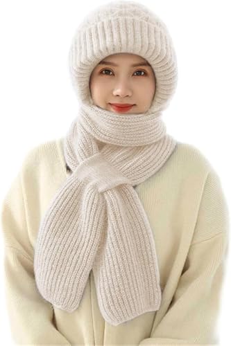 YJWZ Kapuzenschal Damen Winter,2 in 1 Winddichter Mützenschal Integrierter Gehörschutz Winddichte Mütze Schal,Niedlich Mütze Schal Set Damen Winter Warm Strickmütze,Kapuzenschal für Frauen