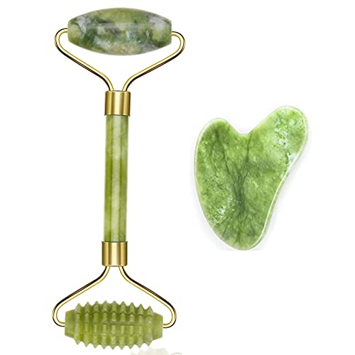 100% Jade Roller Set, Gua Sha MassagegeräT, Natü Rliche Jaderolle, Gesichts FüR Anti-Aging-Falten, Schlankheit Und Straffung Gesicht, Gesichtsroller Gesichtsmassage