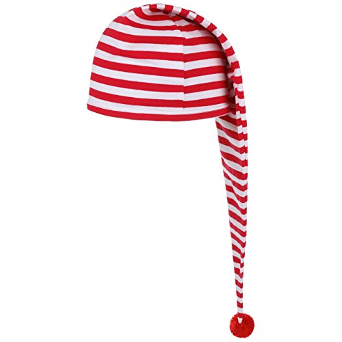 Lipodo Schlafmütze rot weiß gestreift (56 cm lang) - Damen und Herren - Nachthaube aus Baumwolle - Bommelmütze One Size (53-60 cm) - Nachtmütze mit Bommel - Zipfelmütze zum Schlafen für die Nacht