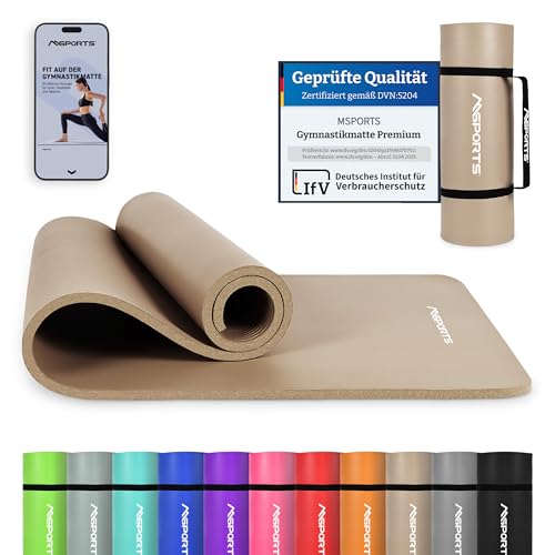 MSPORTS Gymnastikmatte Premium inkl. Tragegurt + Übungsposter + Workout App I Hautfreundliche Fitnessmatte 190 x 80 x 1,5 cm - Beige-Caramel - Phthalatfreie Yogamatte