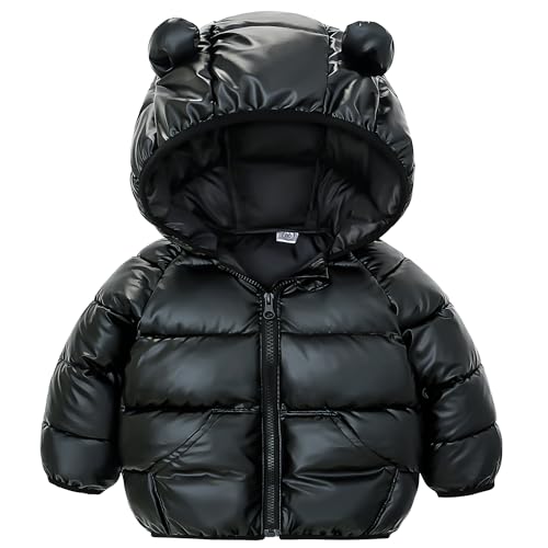 JinBei Winter Mantel Kleinkind Winterjacke Jungen Schwarz Steppjacke Kinderjacke mit Kapuze Ultraleicht Kinder Jacket Herbstjacke Baby Jacke mit Zwei Taschen, GR.92-98