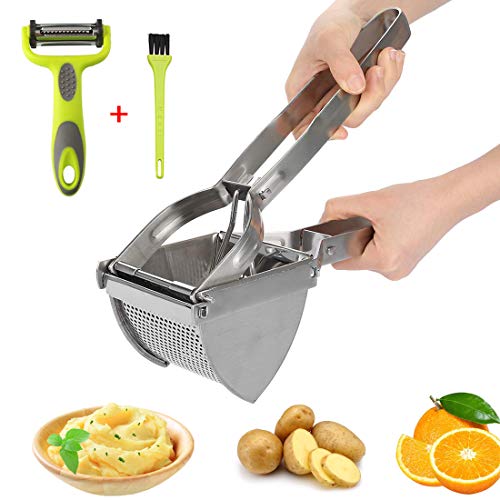 HOTLIKE Kartoffelpresse aus Edelstahl, Spätzlepresse 3 PCS Set, Professionelle Spätzlechef mit Pinsel, Schäler, Kartoffelquetsche Presse Ricer für Kartoffelpüree, Obstsäfte, Gemüsebrei, Püree