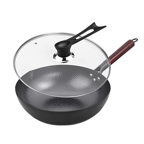 LIYGAOF Wok mit Deckel 32cm Gusseisen Wokpfannen: Wok für Alle Herdarten Geschmiedet Eisenpfanne Keine Chemische Beschichtung Rostfrei und Leicht Reinigen