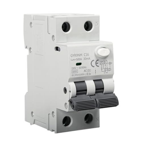 Fehlerstromschutzschalter Fi Schutzschalter 230v, Fi Schalter 16A 30mA 1P+N, GEYA GYR9NM RCBO 6KA MCB Fehlerstromschutzschalter mit Auslaufschutz, DIN Schienenmontage