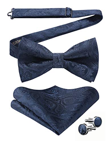 HISDERN Dunkelblaue Fliege Herren Paisley Fliege und Einstecktuch Manschettenknöpfe Set für Hochzeit Sfeier Weihnachten Halloween Bereits Gfebunden Schleife