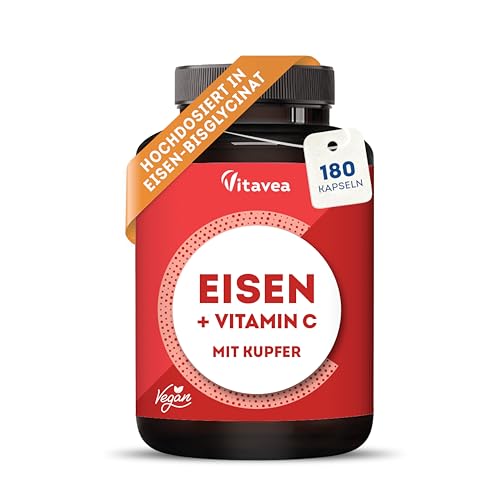 Eisen mit Vitamin C - Für Immunsystem und Energiestoffwechsel - Hoch bioverfügbares Eisenbisglycinat (Eisen-Chelat) - Vegan, Laborgeprüft, ohne unerwünschte Zusätze - 180 Kapseln - Vitavea
