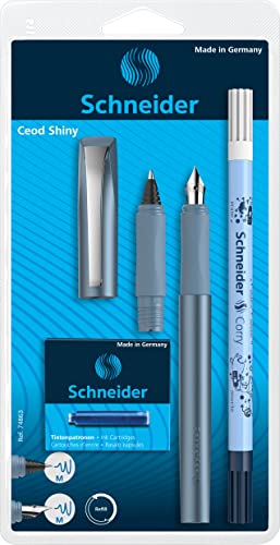 Schneider 74863 Ceod Shiny Schreibset mit Füller, Tintenroller, Tintenkiller (Rechts- und Linkshänder, M-Feder, inkl. Tintenpatronen königsblau) pacific blue, 9-teiliges Set, 1 Stück (1er Pack)