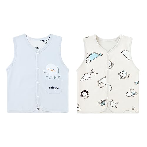 ANIMQUE Baby Kleinkind Kinder Doppelseitig Westen Frühling Herbst Baumwoll Dünn Ärmellose Jacke Kinderweste mit Druckknopf mit Cartoon Muster, Oktopus Grau 73