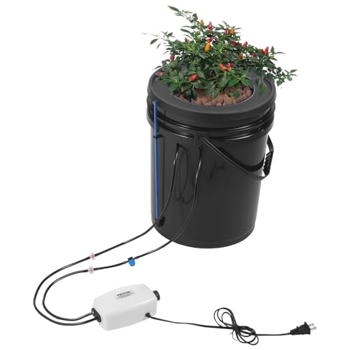 VEVOR DWC Hydroponics Grow System, Hydroponisches Anbausystem mit Top-Drip-Kit, 5-Gallonen-Tiefwasserkultur mit Luftpumpe, Luftstein und Wasserstandsanzeige für Blattgemüse (1 Eimer + Top-Drip-Kit)