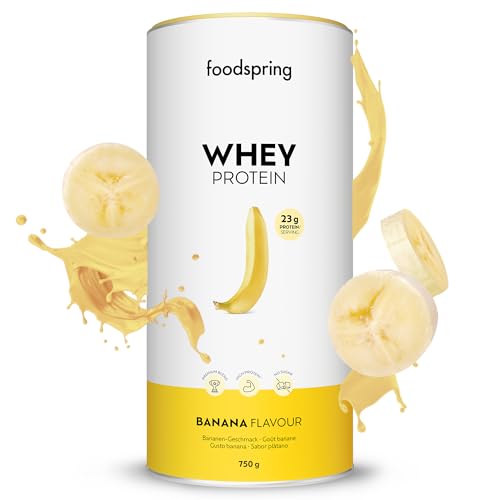 foodspring - Whey Protein Pulver Banane – Mit 23g Eiweiß zum Muskelaufbau, perfekte Löslichkeit, ultrafiltriert, reich an BCAAs & EAAs – vollmundiger & leckerer Geschmack (750g)