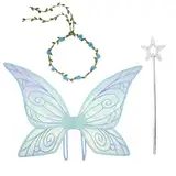 Feenflügel für Kinder Erwachsene Schmetterlingsflügel Damen Feen Flügel Set 3 Stück mit Blumenkranz, Zauberstab und Feenflügel für Feenkostüm Kinder Mädchen Halloween Kostüm Zubehör Cosplay, Blau