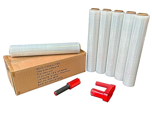 6 Rollen + Abroller Stretchfolie 23my 500mm x 125 meter - 1,5 Kg Palettenfoliee Wickelfolie (6rollen transparent + 1 Abroller)