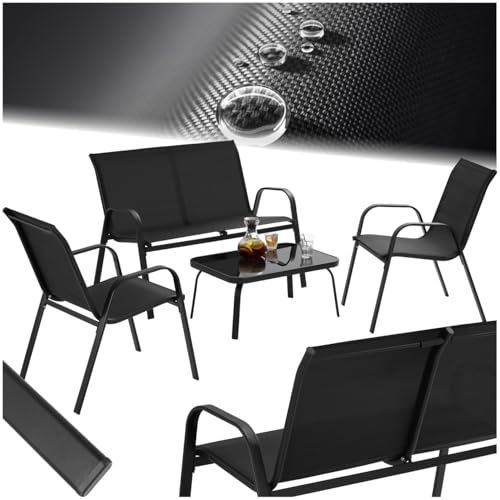 tectake® Gartenmöbel Set für 4 Personen, Balkonmöbel mit 2X Stuhl, 1x Gartentisch und 1x Gartenbank wetterfest, als Terrasenmöbel, Balkon Lounge oder Gartenlounge Outdoor - schwarz