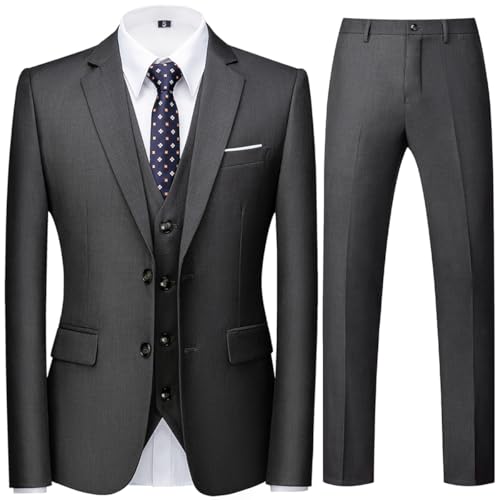 Allthemen Herren Anzug 3-Teilig Slim Fit Einreihig Zwei Knöpfe Hochzeit Smoking Anzug Blazer Weste Hose Grau XL