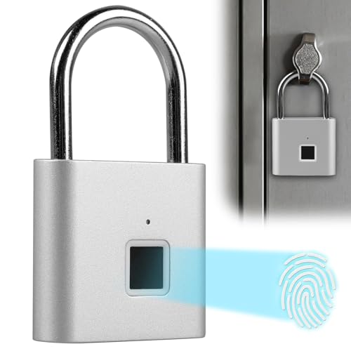 Vorhängeschloss Fingerabdruck, Schloss mit Fingerabdruck, Wetterfest, USB-Aufladung Fingerabdruck Schloss, Vorhängeschloss mit Fingerabdruck für Fitnessstudio, Gepäck, Lagerhäuser, Spind (Silber)