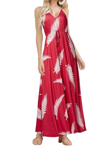 HUSKARY Ärmelloses Maxikleid für Damen, V-Ausschnitt, Spaghettiträger, Taschen, Strand, Boho, tropisches Sommerkleid, rot, X-Groß