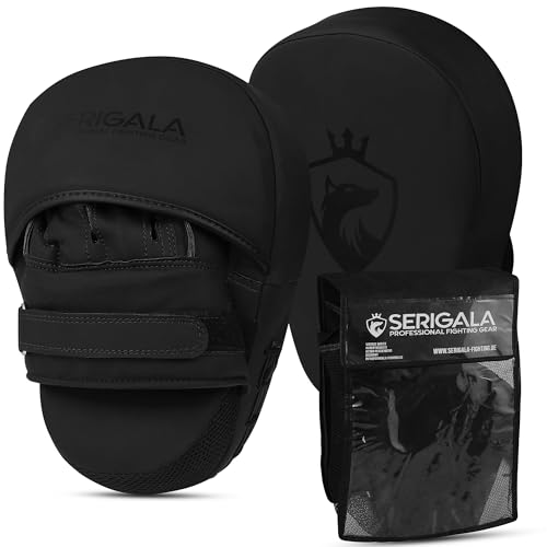 Serigala Boxpratzen Set mit idealer Polsterung und Stabilität - Pratzen Boxen für Kampfsport - 2 Handpratzen für Boxen, Kickboxen, Muay Thai - Inklusive Tasche schwarz/schwarz