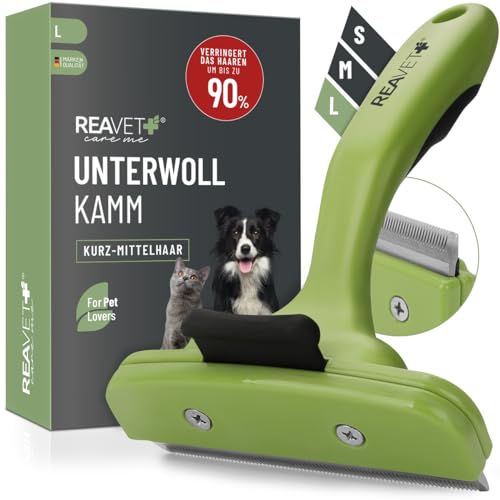ReaVET Unterwollkamm für Hunde & Katzen Kurzhaar I Große Rassen I Entfernt Unterwolle, Pflegt das Deckhaar I mit Selbstreinigungsknopf I Katzen-Kamm Hunde-Kamm ideal zum Fellwechsel