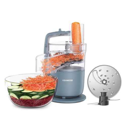 Kenwood MultiPro Go FDP22.130GY, Kompakt-Küchenmaschine nur 30cm hoch, zum Schneiden, Reiben, Pürieren und Teig Kneten, Express-Serve, 1,3 l Arbeitsbehälter, 650 W, Blau