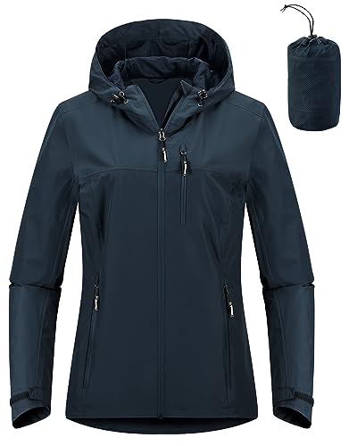 Outdoor Ventures Damen Regenjacke 10000MM Wasserdicht Leichte Gefüttert Packbar Sportjacke Funktionsjacke Atmungsaktiv Fahrrad Jacke mit Kapuze Mitternachtsblau 2XL