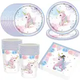 Bikasun Einhorn Partygeschirr Set 16 Gäste, Einhorn Teller Set, Einhorn Geburtstag Geschirr, Kindergeburtstag Teller Becher Servietten Pappteller Party Deko