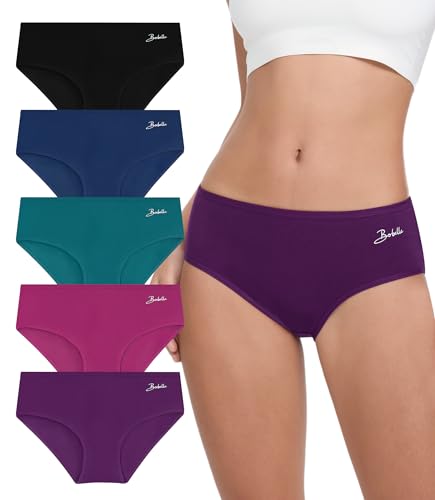 Bobelle Hipster Unterwäsche Damen 5er Pack, Baumwoll Slips Atmungsaktiv Bequeme Unterhosen Weich Stretch Hipster Panties(Lila, Rosarot, Dunkelgrün, Dunkelblau, Schwarz, M)