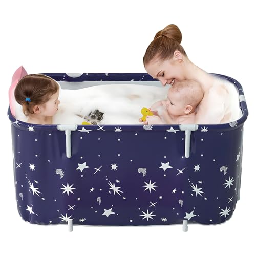 Warmiehomy Faltbare Badewanne, 120X50X55cm Tragbare Klappbadewanne mit Kissen und Rückenlehne, Heißes Bad Eisbad SPA Badewanne für Dusche, Mobile Badewannes für Erwachsene Kinder, Sternenblau