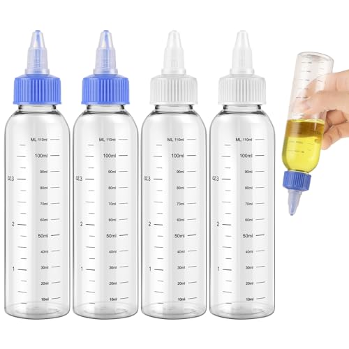 ASTER 4 Stück 110 ml Quetschflasche, Transparent Haar Auftrageflasch, Kunststoff Haaröl Applikator Flasche mit Verhältnis-Skala Aufschraubbarer Spitzenkappe für Haare, Öl, Sauce