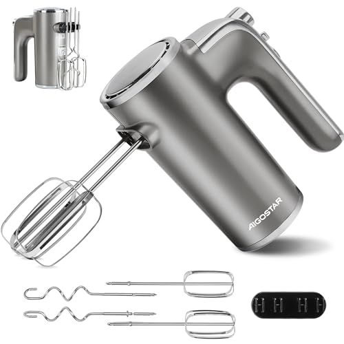 Aigostar Adela - Handmixer Elektrischer, 400 W Ultra Power Mixer Handrührer mit 1 Aufbewahrungshalterung, 5 Geschwindigkeiten, Turbo Boost, 2 Schneebesen und 2 Knethaken, für Eier, Teig, Kuchen.