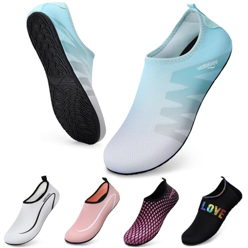 WateLves Wasserschuhe Badeschuhe Damen Herren Aquaschuhe Strandschuhe Schnell Trocknend Slip on Breathable Surfschuhe Unisex Schwimmschuhe für Beach Pool Surfen Yoga Grau Blau 38/39