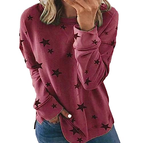 2023 Herbst Und Winter Europäischen Und Amerikanischen Lose Große Größe Lange Ärmeln T-Shirt Stern Druck Pullover Ohrstecker Modeschmuck (Red, L)