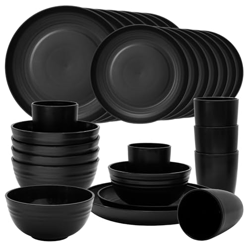 Dhnvcud 24 Stück Camping Geschirr Set, Camping Teller Set 6, Unzerbrechlich Kunststoff Geschirr Plastikgeschirr Set, Geschirrset Personen 6 Geschirr Wohnwagen Geschirr Set für 6 Personen(Schwarz)