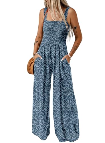 Dokotoo Jumpsuit Damen Sommer Blumenmuster Latzhose Casual Lose Overall Weites Bein Lang Romper mit Taschen, blau, S