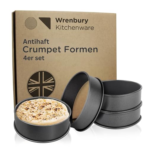 Wrenbury Crumpet-Ringe, 4er-Set mit Antihaftbeschichtung, Backringe, Burger-Kreise, Metallringe, Spiegelei-Formen, Pfannkuchen-Muffins, Keks-Backformen, perfekte Mahlzeiten und Desserts, Made in UK