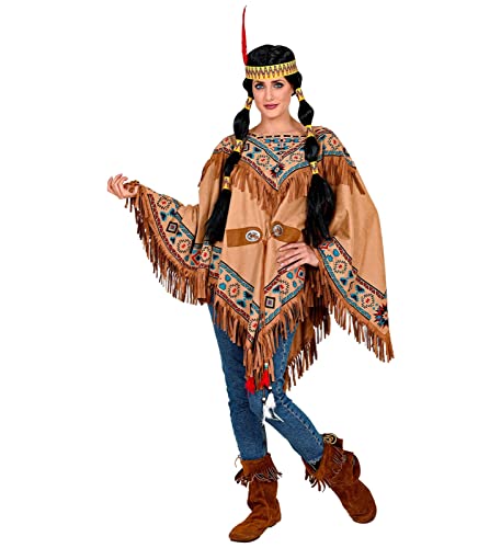 MIMIKRY Indianerin Indianer Poncho Wildleder-Optik mit Ethno-Druck Fransen Federn Wilder Westen Western