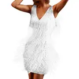 Vintage Dress Damen Dress Fringe Dress Vintage Dance Dress V Neck Roaring Fancy Sequin Dress Sleeveless Costume Cocktail Party Dress Elegantes Kleid Damen Elegante Ferienkleider für Mädchen (White, L)