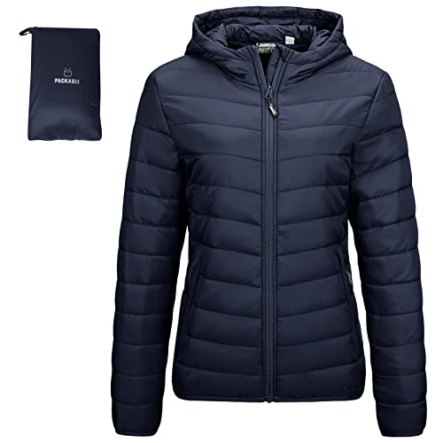 Outdoor Ventures Damen Steppjacke Leichte Packbare Übergangsjacke Warme Winterjacke mit Kapuze für Frauen Gefüttert Pufferjacke mit Taschen für Freizeit Wandern Reisen Dunkelblau XL