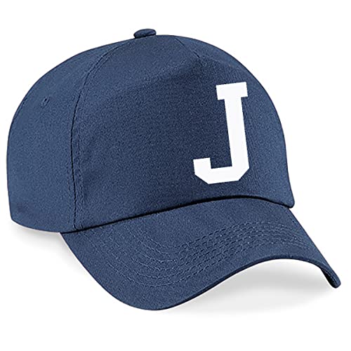 4sold Lässige 100% Baumwolle Atmungsaktiv Alphabet A-Z Marineblau Caps Weiß Brief Hut Hüte Unisex Jungen Mädchen Cap Baseball Kinder Mütze Kappe Buchstabe (J)