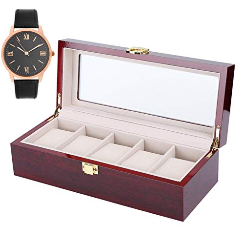 Aufbewahrungsbox für Uhren aus Holz mit 5 Schlitzen, rutschfeste Uhrenvitrine Schmuckkollektion Organizer Holzuhren Organizer Geschenkbox Vitrine mit transparentem Fenster für Männer Frauen