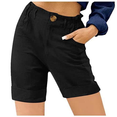 Leinen Shorts Damen Sommer Herren Shorts mit Reißverschluss Sommer Einfarbige Baumwolle Leinen Lose Hohe Taille Casual Shorts Bequeme Schlafshorts für Hause Schwarz Grün BU1 Khaki BU2 Grau (Black, S)