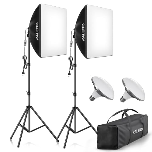 RALENO Softboxen, 2 x 50 W LED Softbox Fotostudio Set, 2 x 50 x 50 cm Fotolicht mit 5500 K Glühbirne und Stativ für Porträtfotografie, Game-Streaming, YouTube-Videofotografie | Modell: PS70