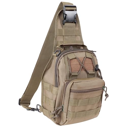 Taktische Einzelne Umhängetasche, Militär Sling Rucksack, Cross-Body Molle Brusttasche, Schulter- und Hand Tasche 2 in 1, Reise Wandern Camping Sports Schultertasche für Herren & Damen (Khaki)