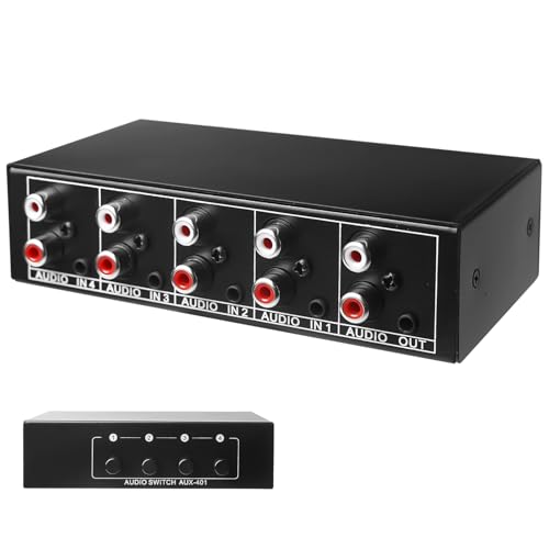 Audio Switcher, Audio Umschalter 4 In 1 Out, Audio Switch 3,5 Mm Aux + RCA L/R, Bidirektional Audio Switcher, Audio Auswahlbox, Video Audio Splitter für Kopfhörer, Phono, Lautsprecher